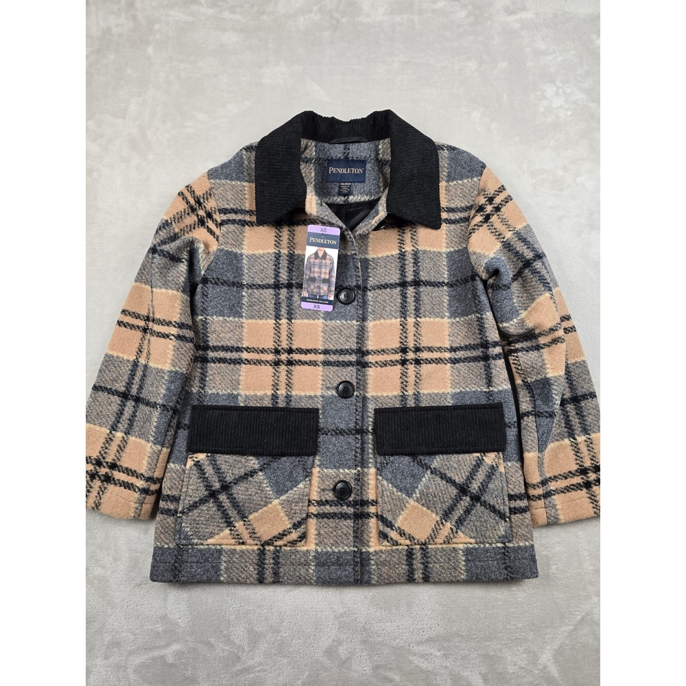 Pendleton Plaid Wool Blend Barn Jacket Womens XS Tan Corduroy Trim New